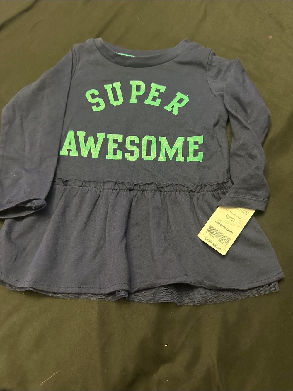 Carter's Navy Long-Sleeve Peplum Top with Green "SUPER AWESOME" Print